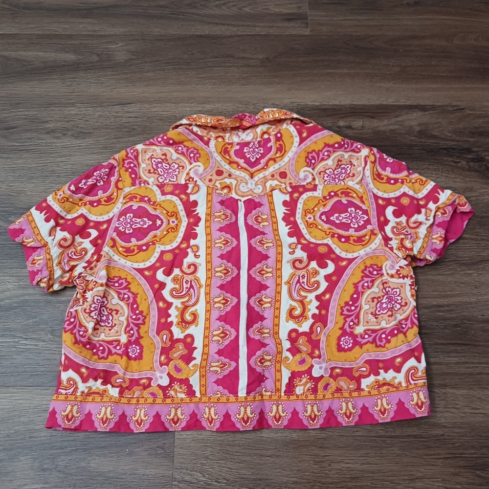 Haute Hippie Style Pink Orange Paisley Linen Blend Cropped Button Down Shirt XS